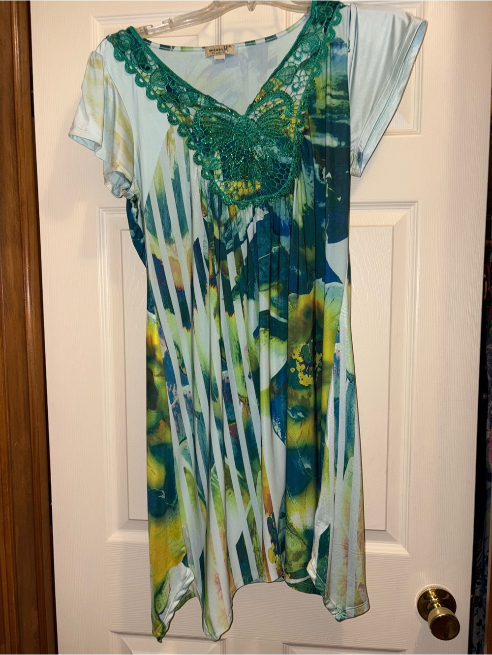 World Unity Dress Multi Color Blue Green Pleated Print Embroidered Embellished
